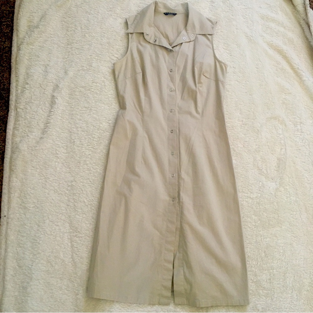 Sisley Sleeveless Khaki Snap-front Cotton Dress, Small